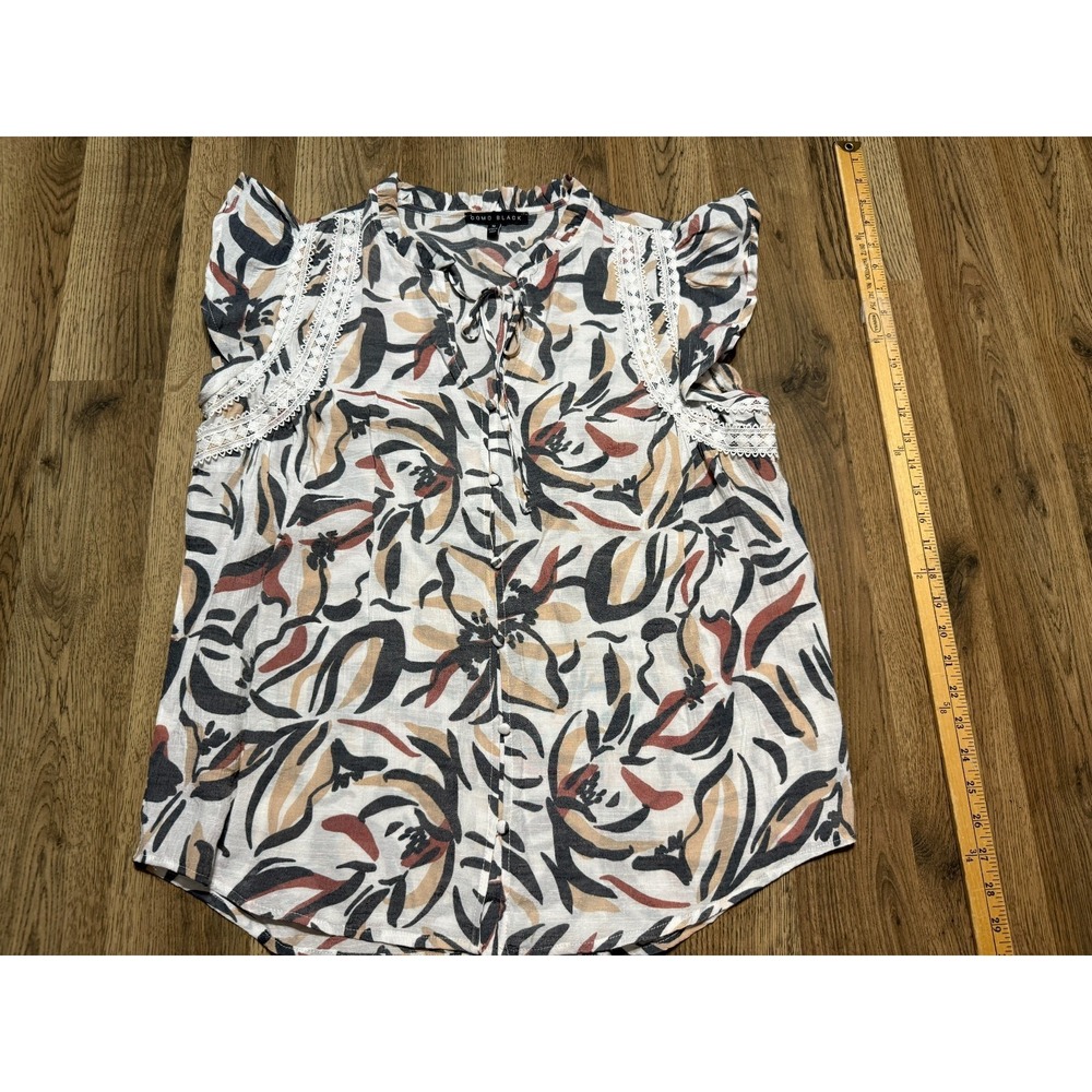 Como Black Blouse Women's Medium Brown White Red Black Geometric V-neck